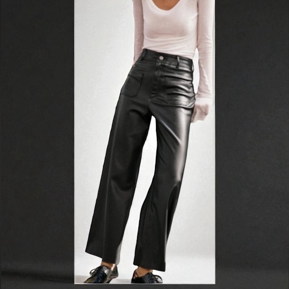 Zara Faux Leather Wide Leg Raw Hem Pants 4/6